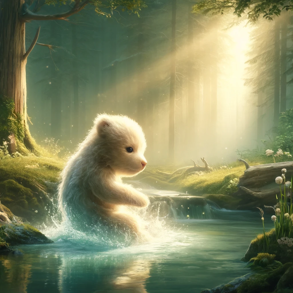 A serene baby bear representing the concept of 'harmony', depicted in a tranquil forest clearing by a gentle stream. The scene is imbued with the peacefulness of a quick and natural birth. This baby bear is unique, with soft, shimmering fur that seems to radiate light, symbolizing purity and a swift entrance into the world. The bear is emerging from the water, symbolizing the birth pool, surrounded by soft, glowing light and delicate forest flowers, embodying a moment of peaceful harmony in nature.