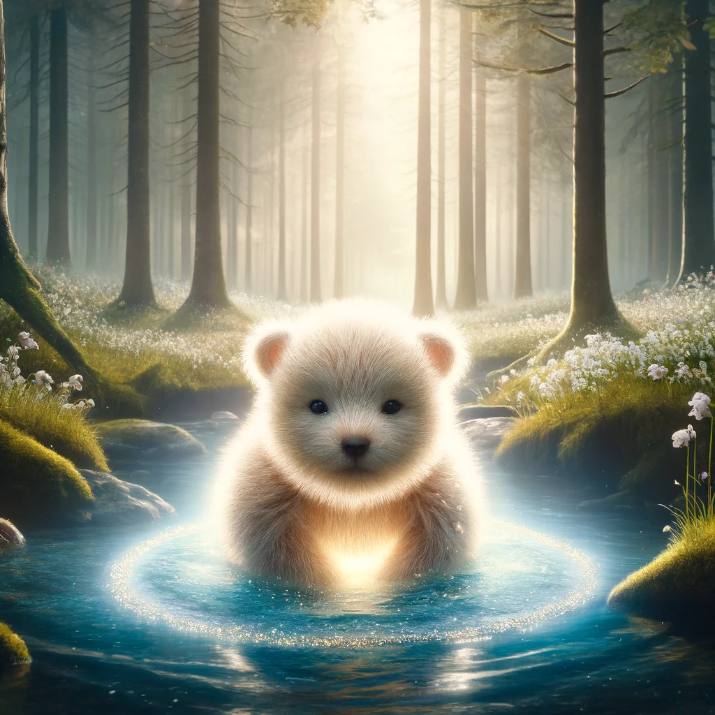 A serene baby bear representing the concept of 'harmony', depicted in a tranquil forest clearing by a gentle stream. The scene is imbued with the peacefulness of a quick and natural birth. This baby bear is unique, with soft, shimmering fur that seems to radiate light, symbolizing purity and a swift entrance into the world. The bear is emerging from the water, symbolizing the birth pool, surrounded by soft, glowing light and delicate forest flowers, embodying a moment of peaceful harmony in nature.